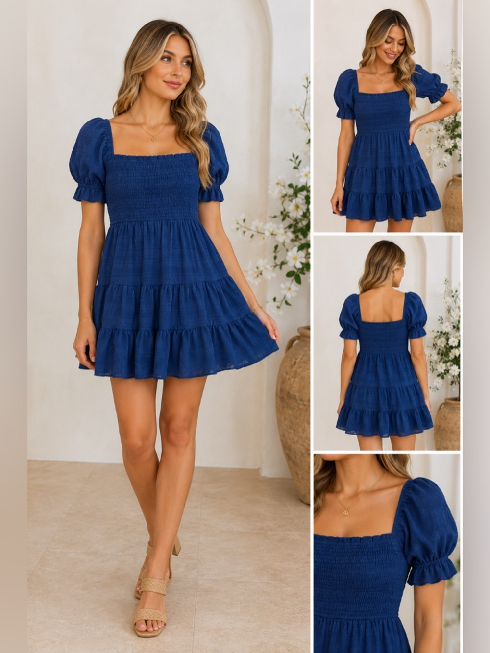 Alter’d State Blue Smocked Puff Sleeve Tiered Mini Dress XS